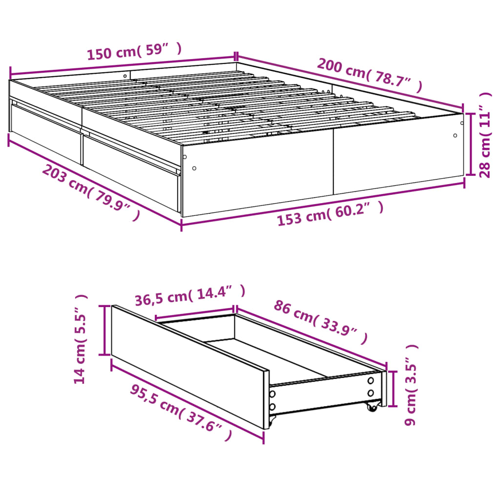 8721102623035_g_en_hd_8 vidaXL Bed Frame with Drawers without Mattress White 150x200 cm - Image 10