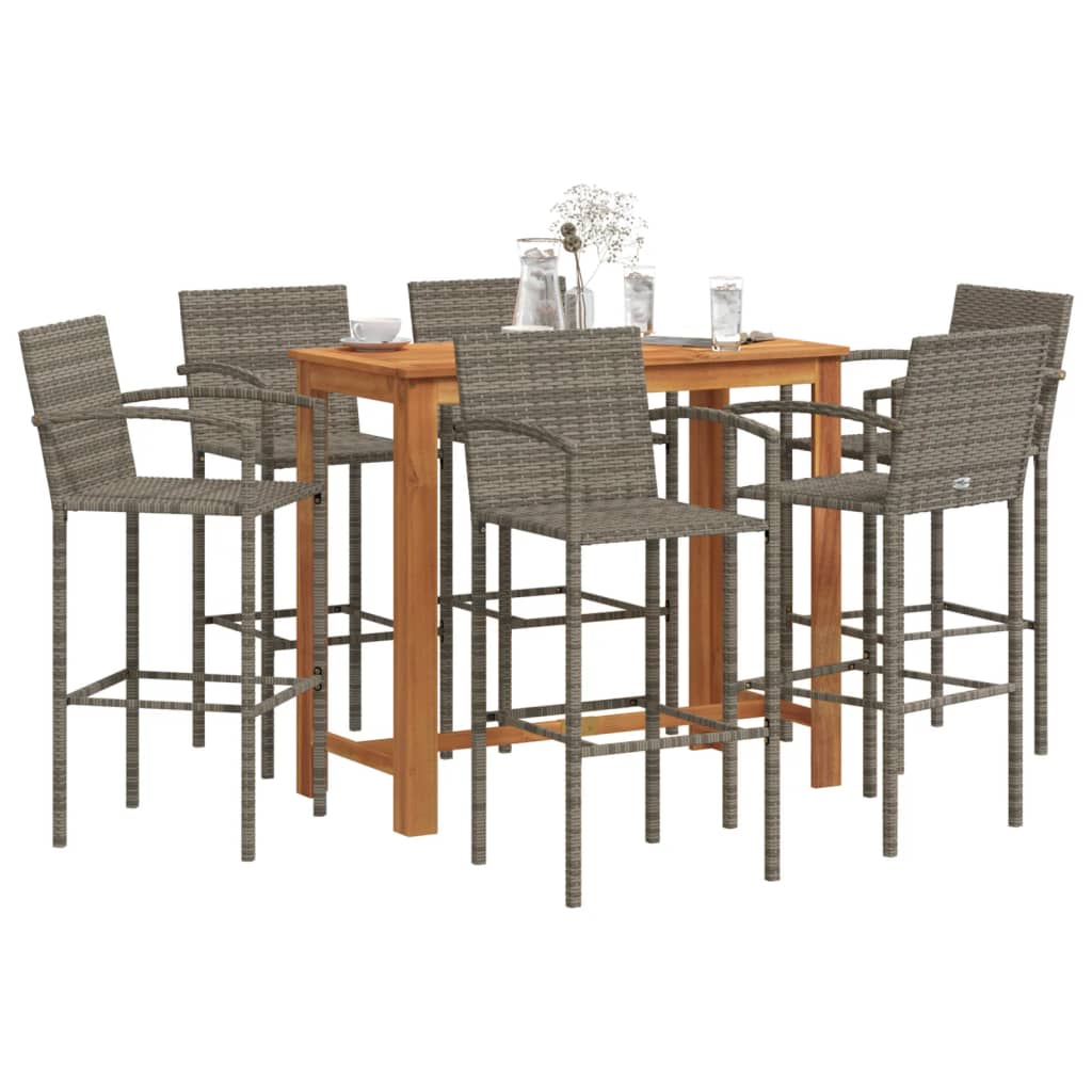 vidaXL 7 Piece Garden Bar Set Grey Solid Wood Acacia and Poly Rattan