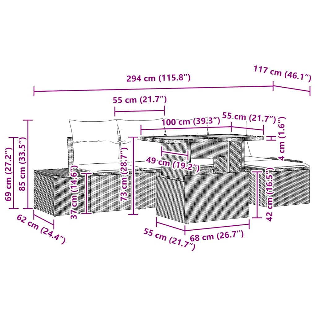 8721158230676_wbg-siz_en_hd_1 vidaXL Garden Dining Set with Cushion 6 pcs Black and Brown - Image 11