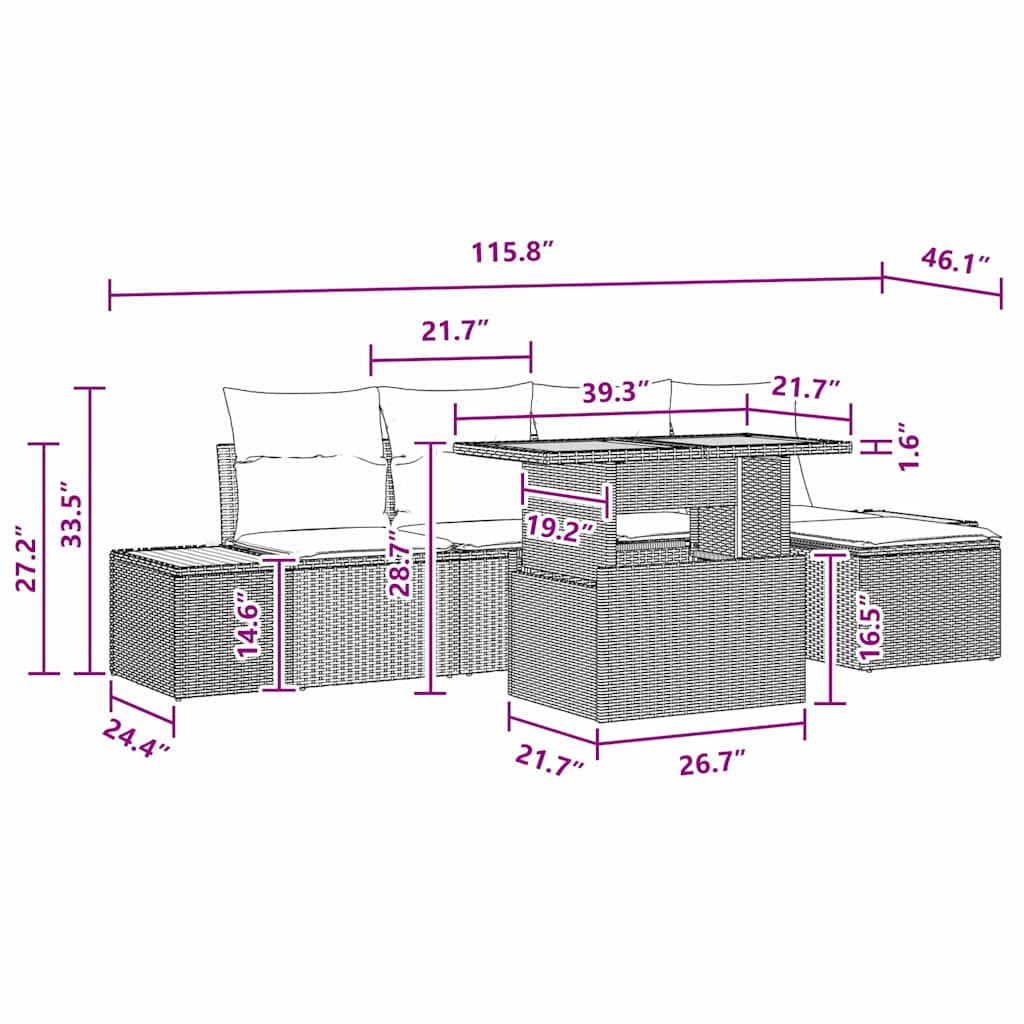 8721158231741_wbg-siz_en_hd_1 vidaXL Garden Dining Set with Cushion 6 pcs Black and Brown - Image 11