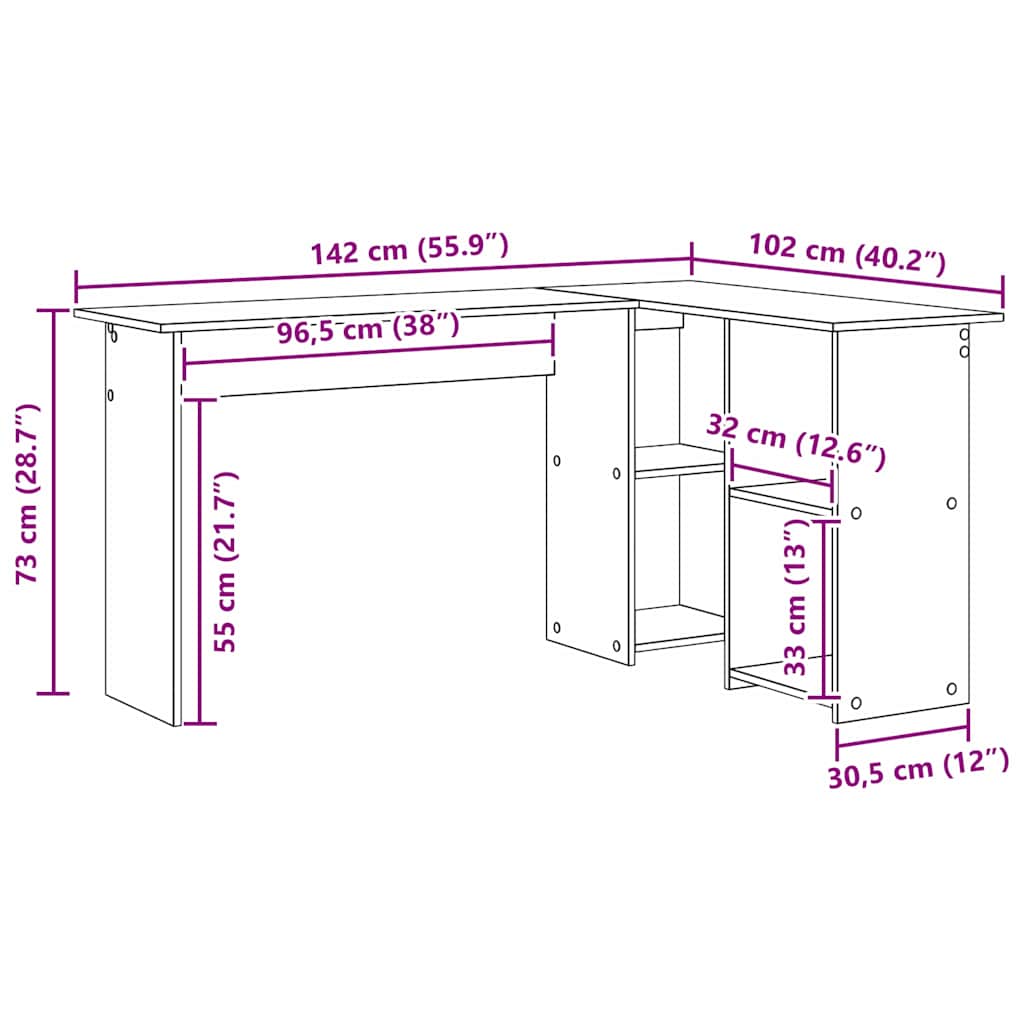 8721158250100_wbg-siz_en_hd_1 vidaXL Desk with Shelf White 142 x 102 x 73 cm Engineered wood - Image 11