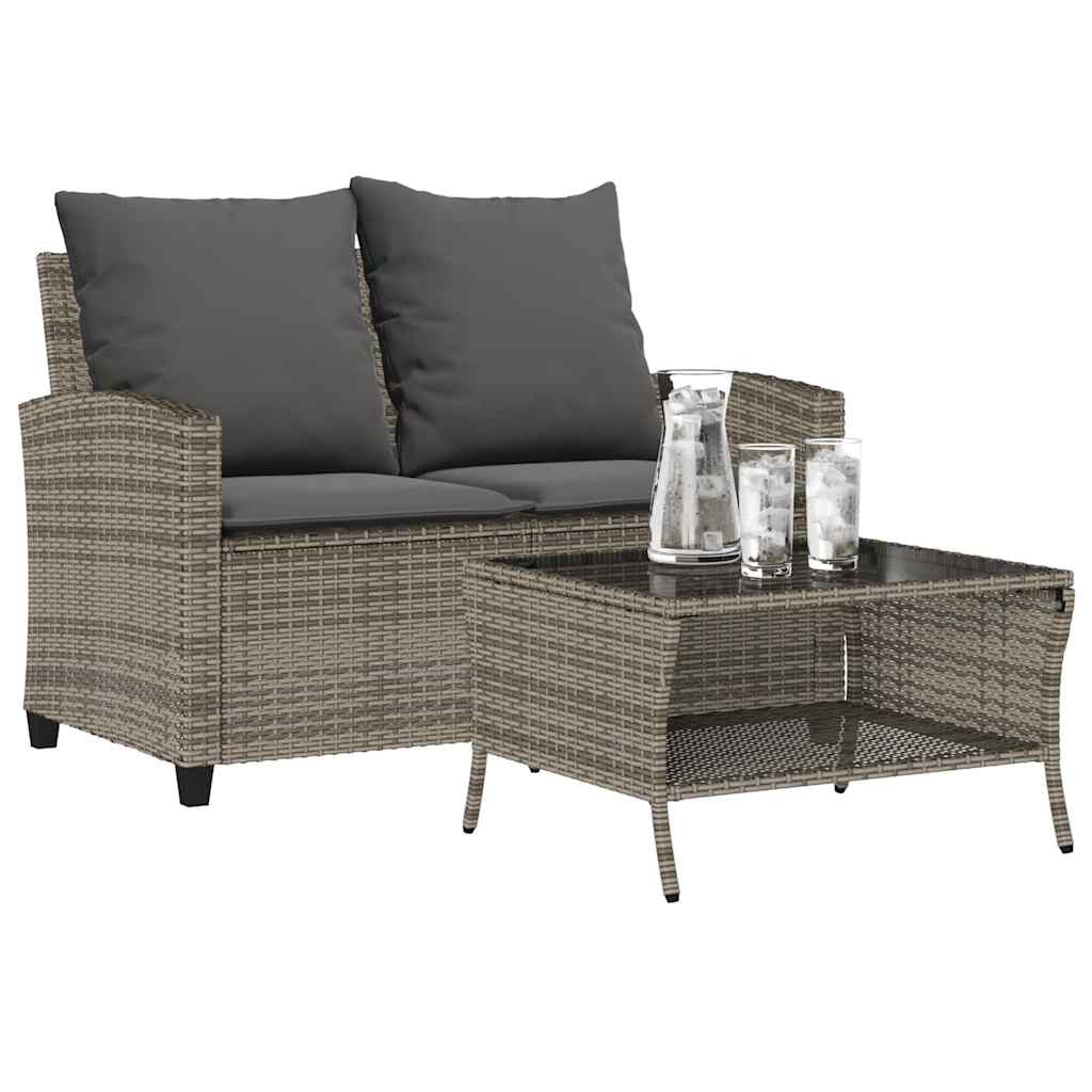 vidaXL Garden Sofa 2-Seater with Cushions&Table Grey Poly Rattan