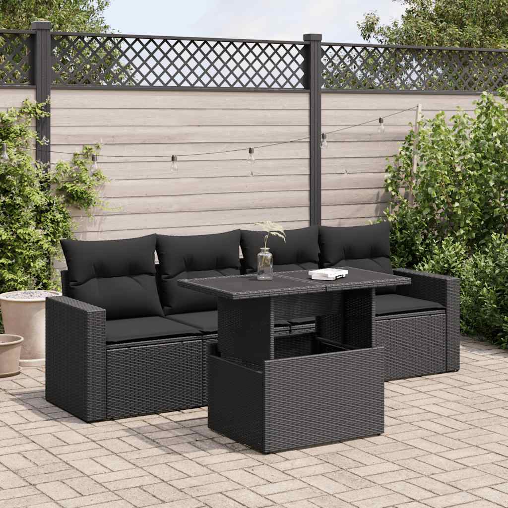 8721158736727_m_en_hd_1 vidaXL 5 Piece Garden Sofa Set with Cushions Black Poly Rattan - Image 1