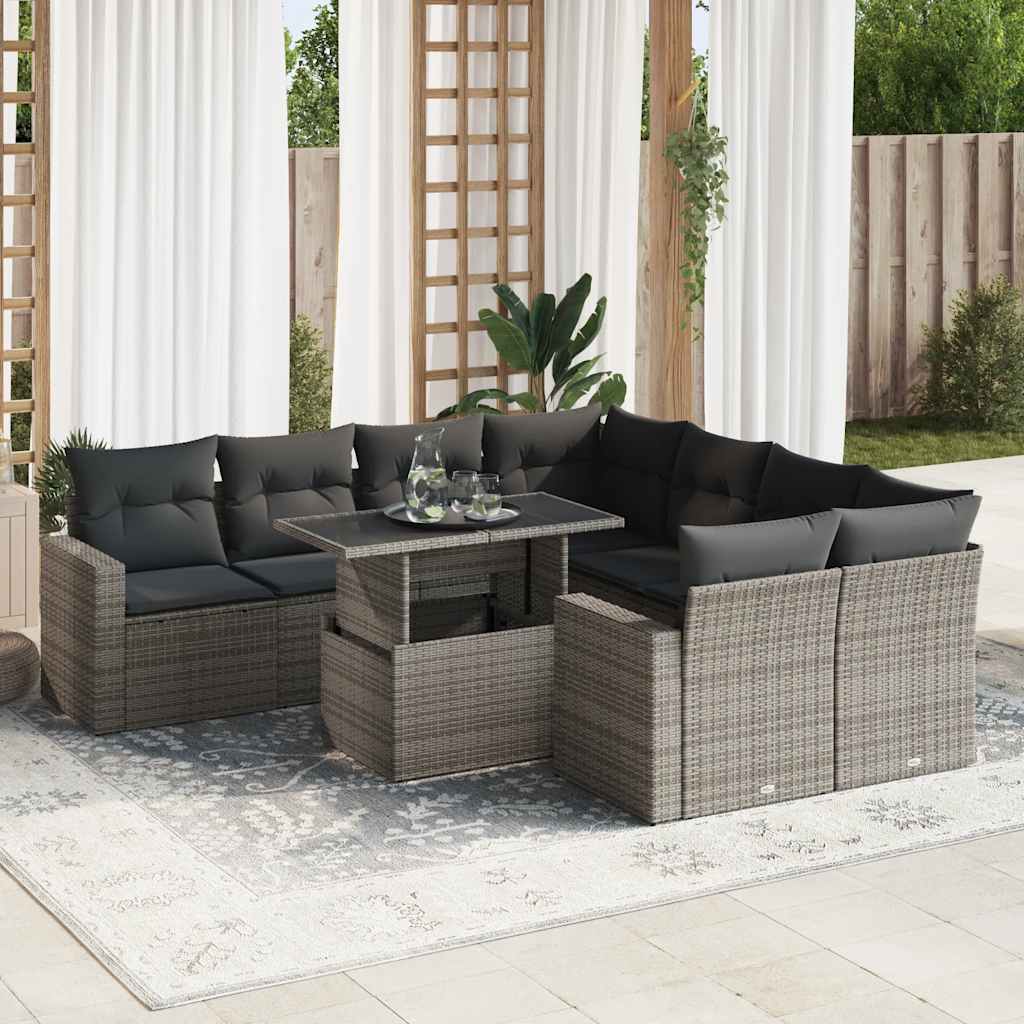 8721158737274_m_en_hd_1 vidaXL 9 Piece Garden Sofa Set with Cushions Grey Poly Rattan - Image 1