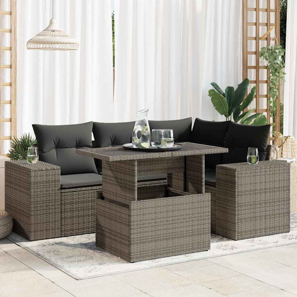 8721158742278_m_en_hd_1 vidaXL 5 Piece Garden Sofa Set with Cushions Grey Poly Rattan - Image 1