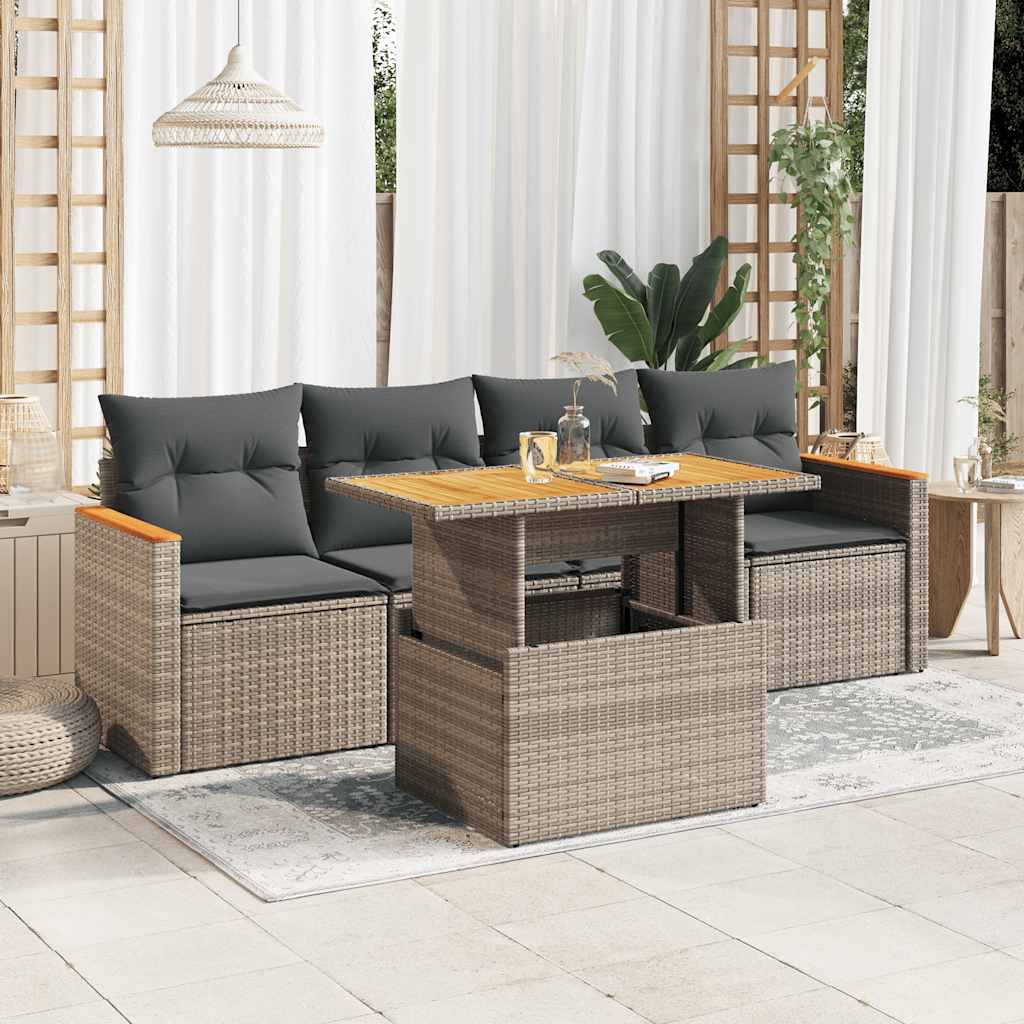 8721158748706_m_en_hd_1 vidaXL 5 Piece Garden Sofa Set with Cushions Grey Poly Rattan Acacia - Image 1