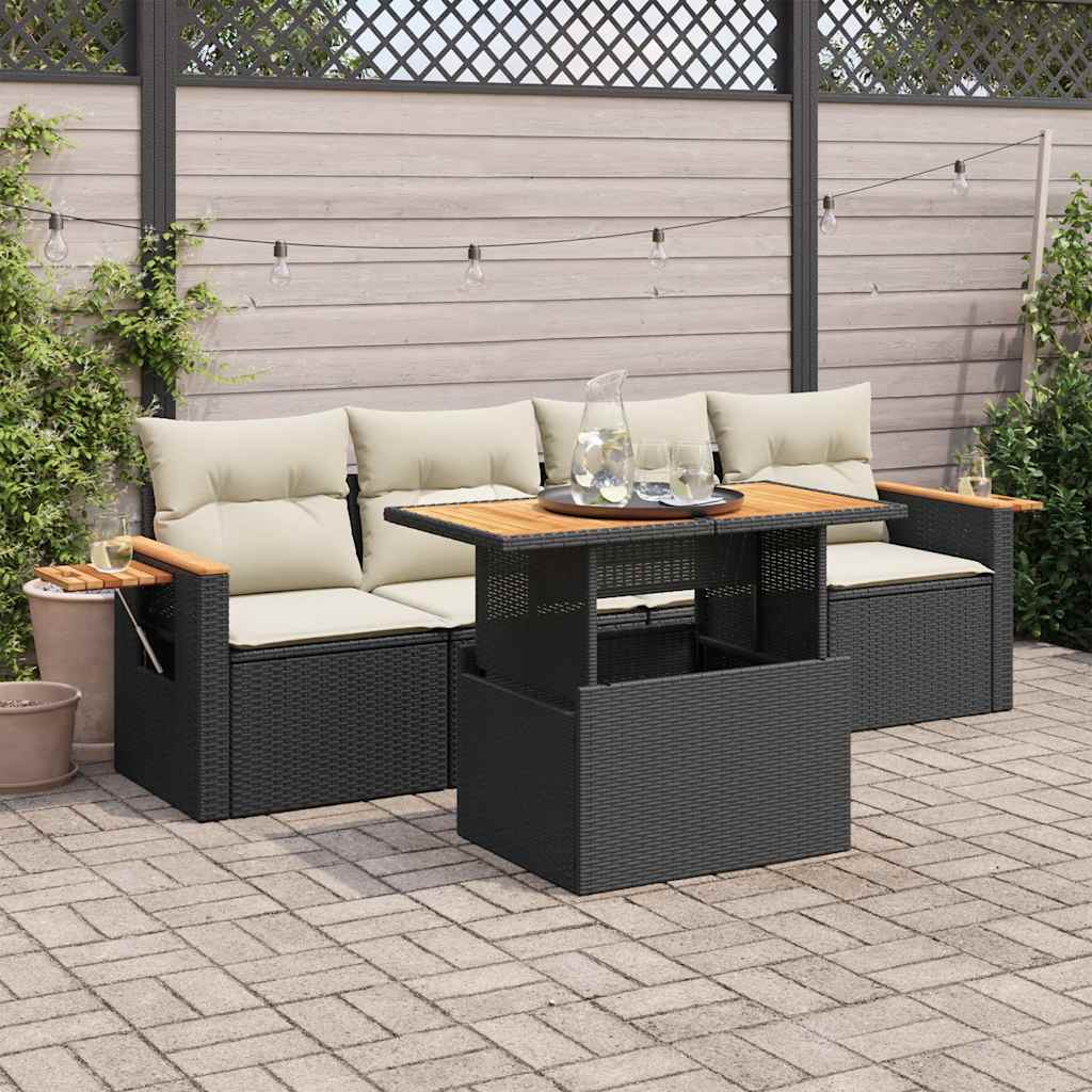 8721158749789_m_en_hd_1 vidaXL 5 Piece Garden Sofa Set with Cushions Black Poly Rattan Acacia - Image 1