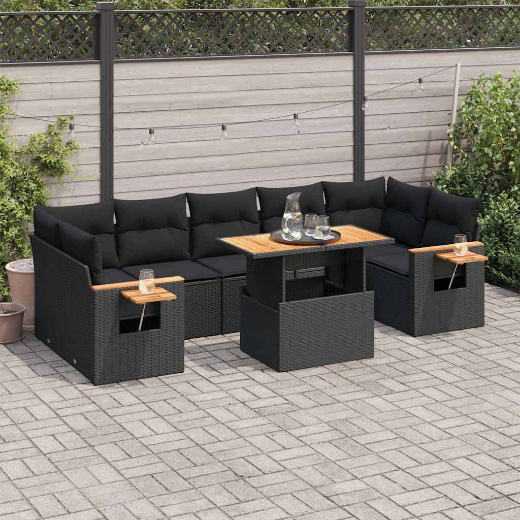 8721158750051_m_en_hd_1 vidaXL 8 Piece Garden Sofa Set with Cushions Black Poly Rattan Acacia - Image 1