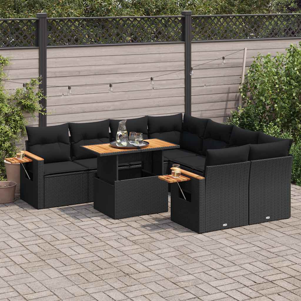 8721158750129_m_en_hd_1 vidaXL 9 Piece Garden Sofa Set with Cushions Black Poly Rattan Acacia - Image 1