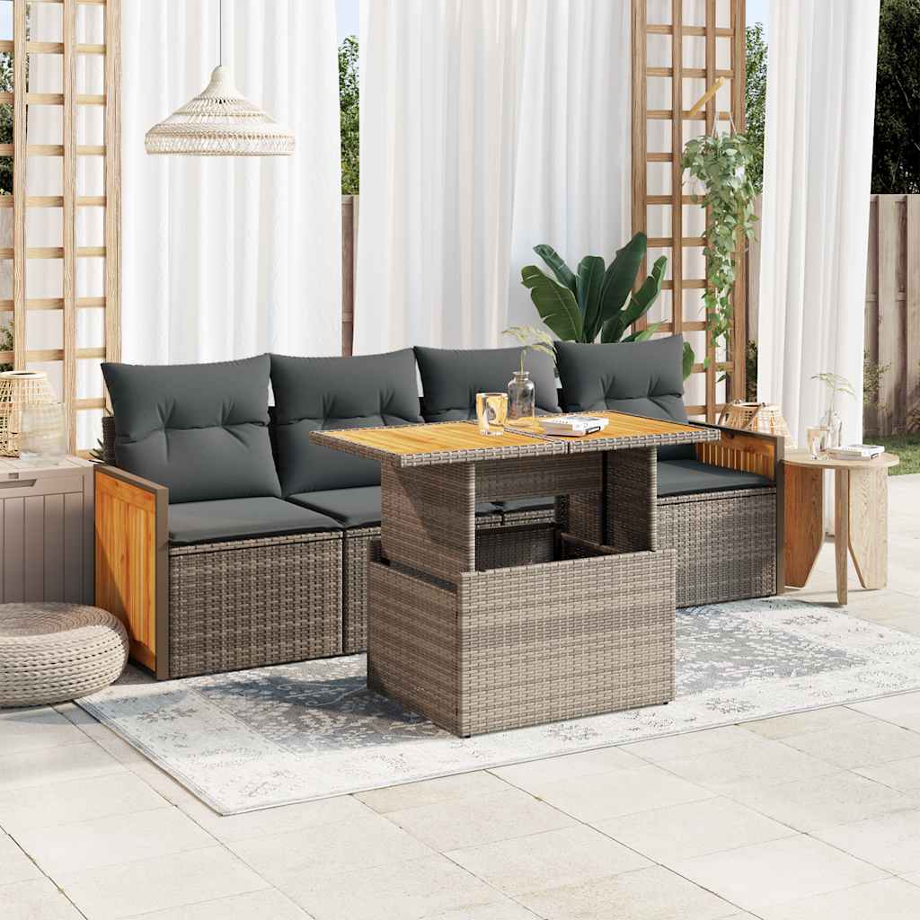 8721158750945_m_en_hd_1 vidaXL 5 Piece Garden Sofa Set with Cushions Grey Poly Rattan Acacia - Image 1