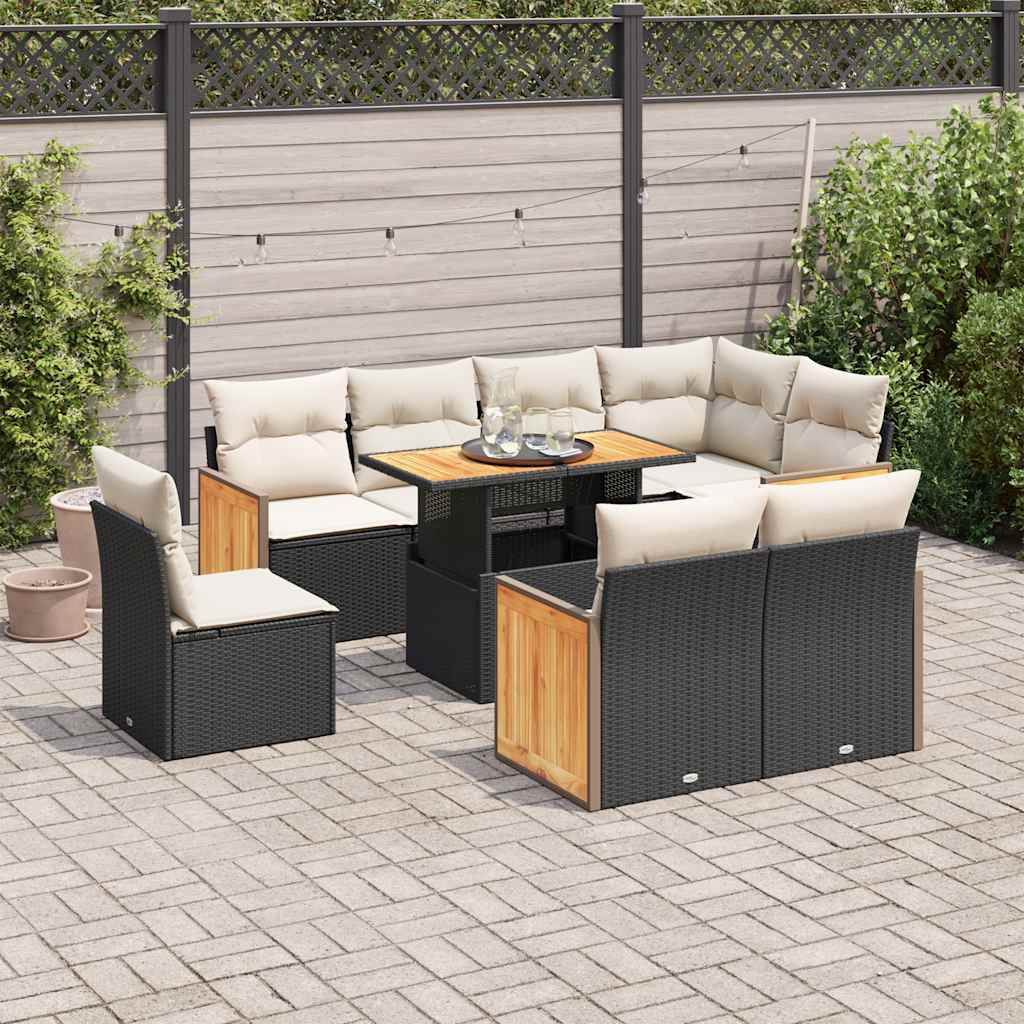 8721158751607_m_en_hd_1 vidaXL 9 Piece Garden Sofa Set with Cushions Black Poly Rattan Acacia - Image 1