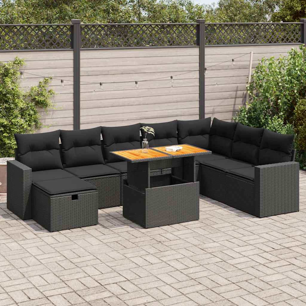 8721158754509_m_en_hd_1 vidaXL 9 Piece Garden Sofa Set with Cushions Black Poly Rattan Acacia - Image 1