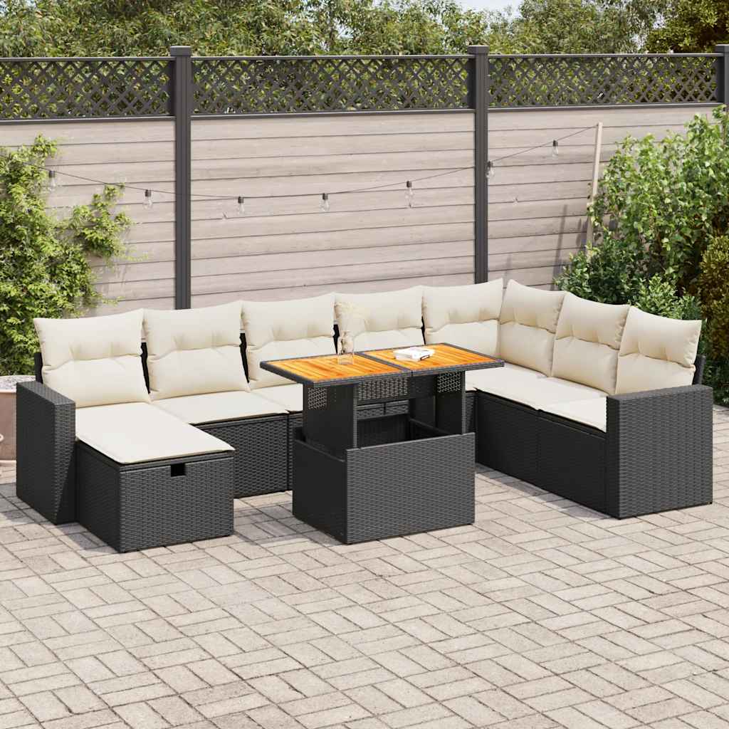 8721158754516_m_en_hd_1 vidaXL 9 Piece Garden Sofa Set with Cushions Black Poly Rattan Acacia - Image 1