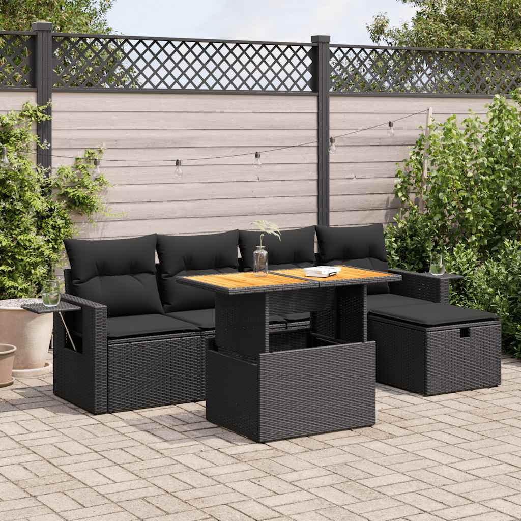 8721158754578_m_en_hd_1 vidaXL 6 Piece Garden Sofa Set with Cushions Black Poly Rattan Acacia - Image 1