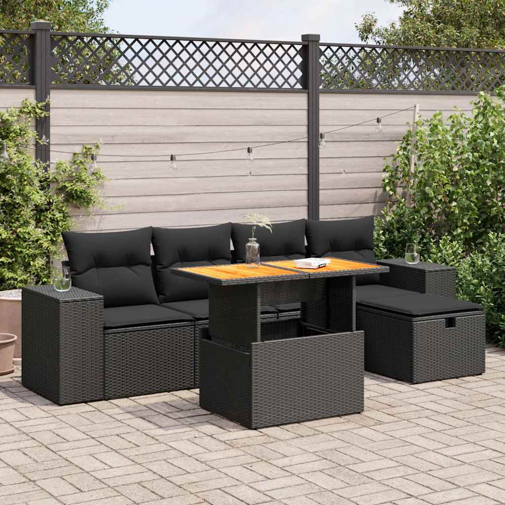 8721158755131_m_en_hd_1 vidaXL 6 Piece Garden Sofa Set with Cushions Black Poly Rattan Acacia - Image 1