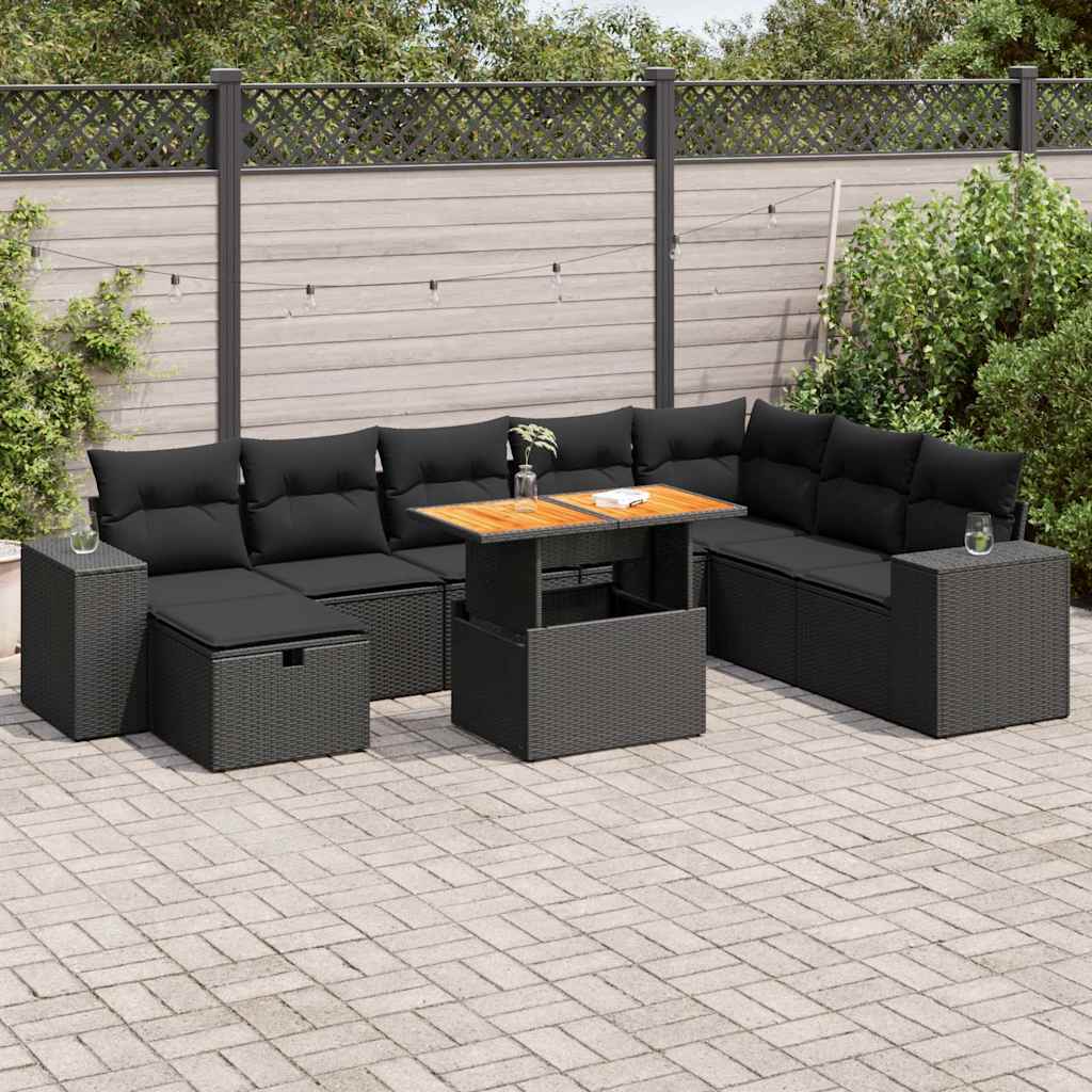 8721158755346_m_en_hd_1 vidaXL 9 Piece Garden Sofa Set with Cushions Black Poly Rattan Acacia - Image 1