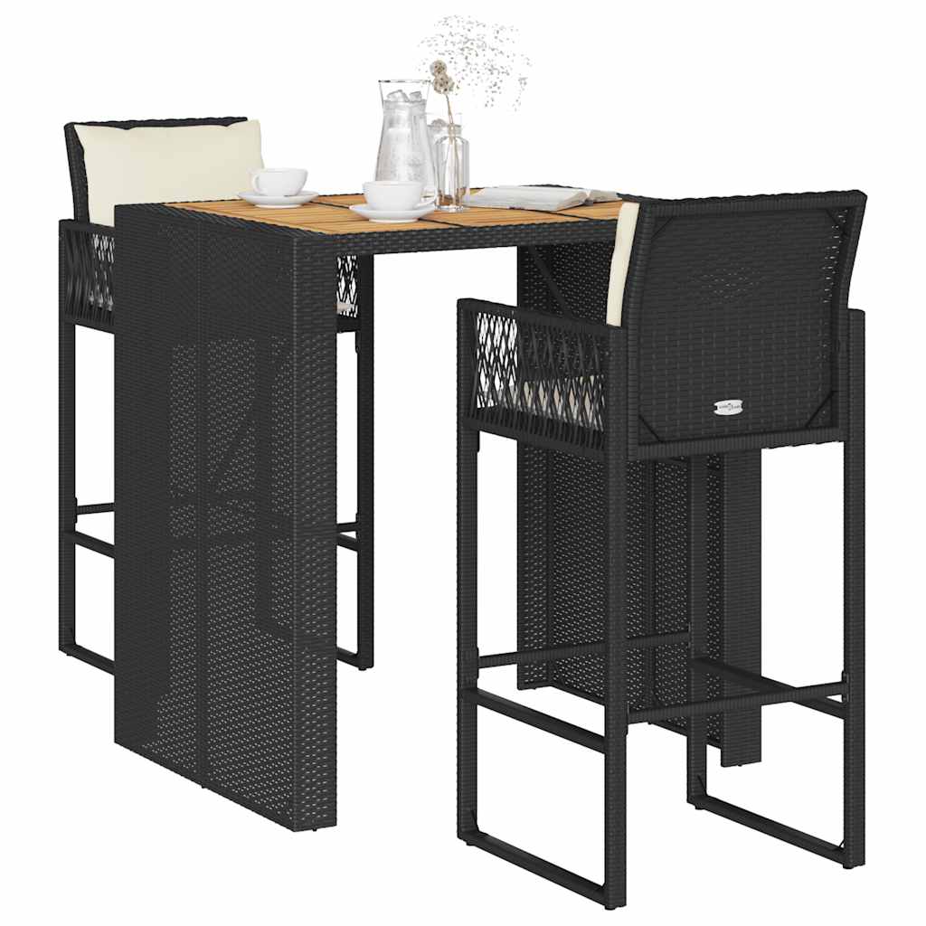 vidaXL 3 Piece Garden Bar Set with Cushions Black Poly Rattan Acacia