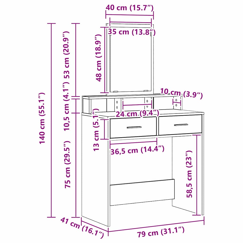 8721158851642_wbg-siz_en_hd_1 vidaXL Dressing Table White 79 x 41 x 140 cm Engineered wood - Image 12