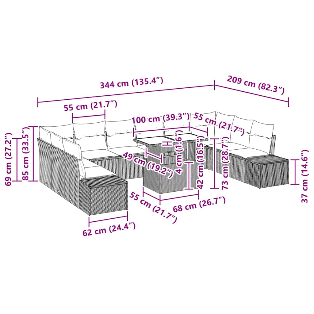 8721158993731_wbg-siz_en_hd_1 vidaXL Garden Sofa Set with Cushion 11 pcs Black 100 x 55 x 73 cm - Image 11