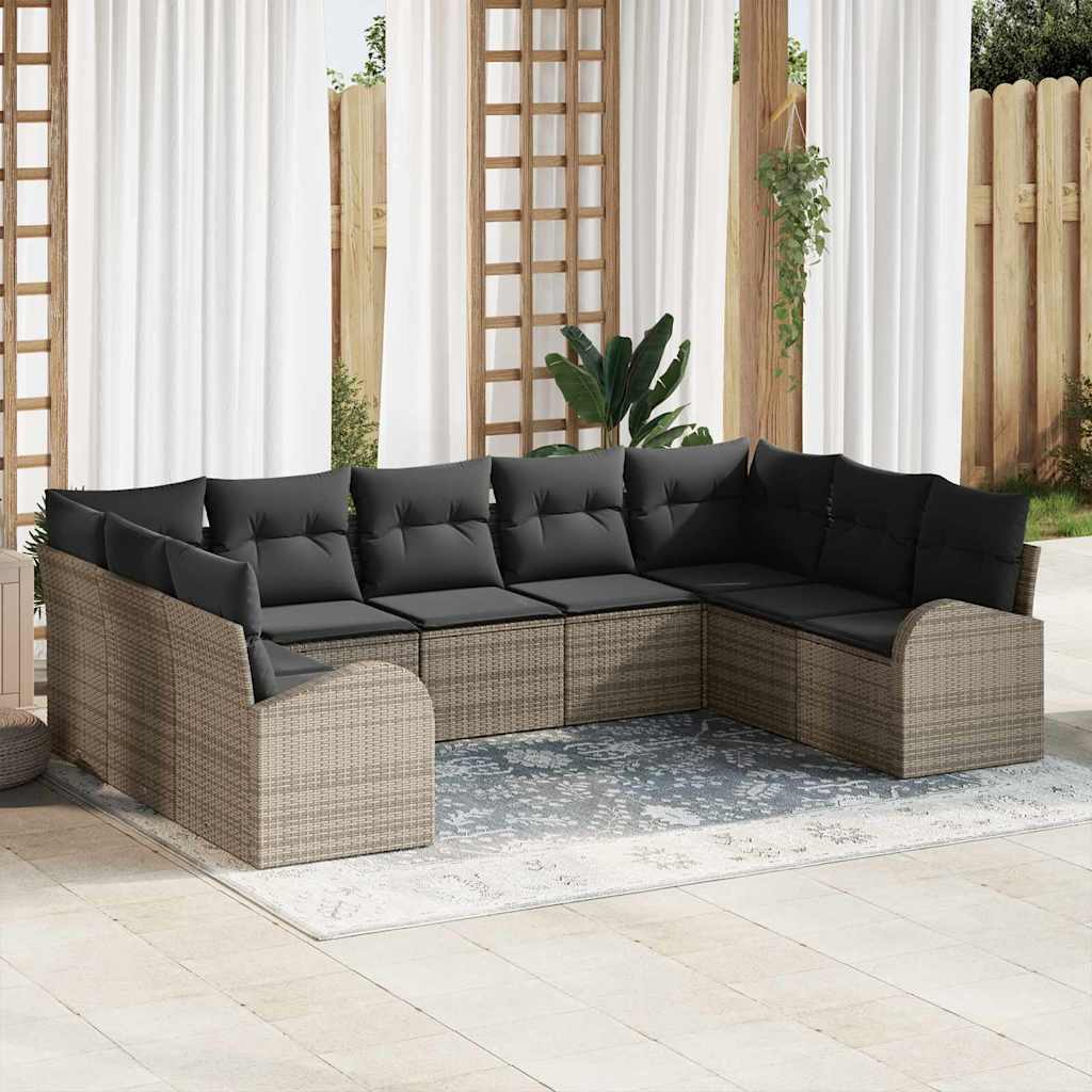 8721288351395_mo-im_en_hd_1 vidaXL Garden Sofa Set with Cushion 9 pcs Grey Poly rattan - Image 1