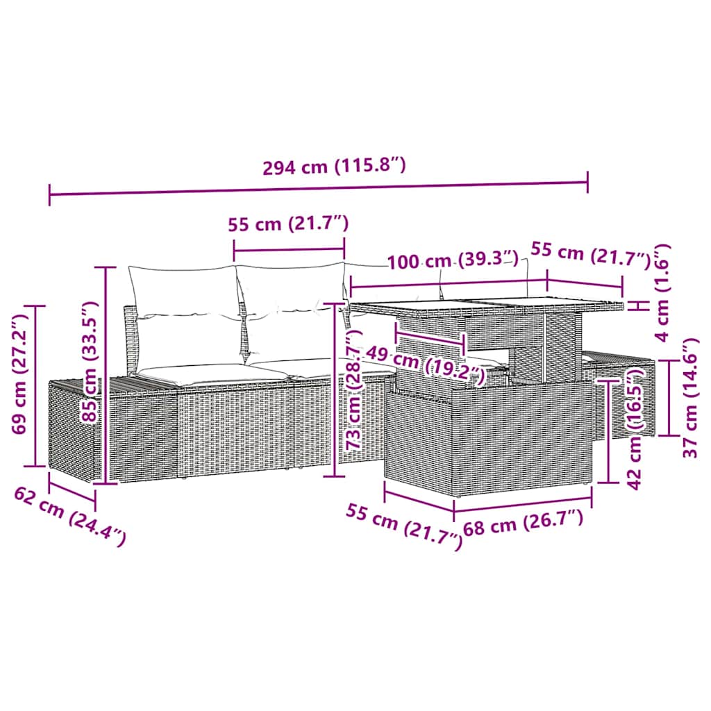 8721288380258_wbg-siz_en_hd_1 vidaXL Garden Sofa Set with Cushion 5 pcs Grey 100 x 55 x 73 cm - Image 13