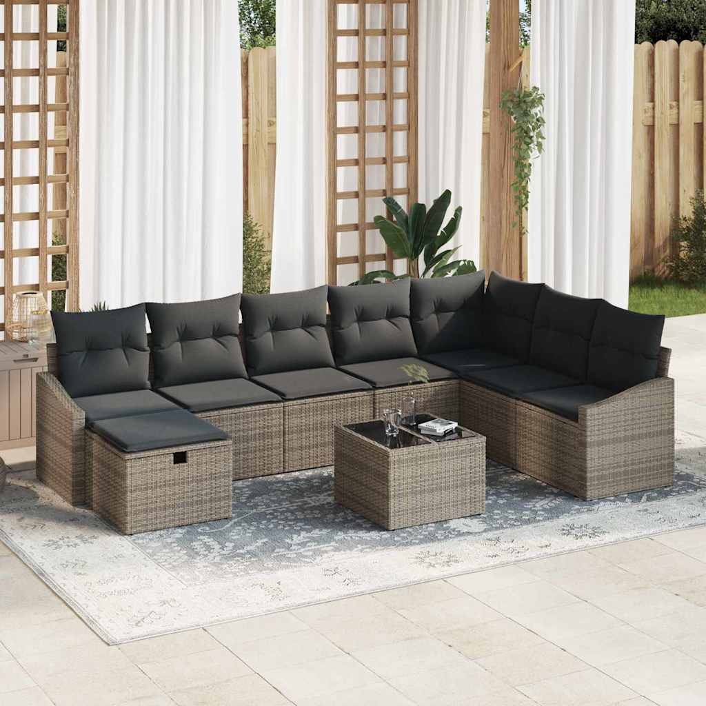 vidaXL Garden Sofa Set with Cushion 9 pcs Grey Poly rattan