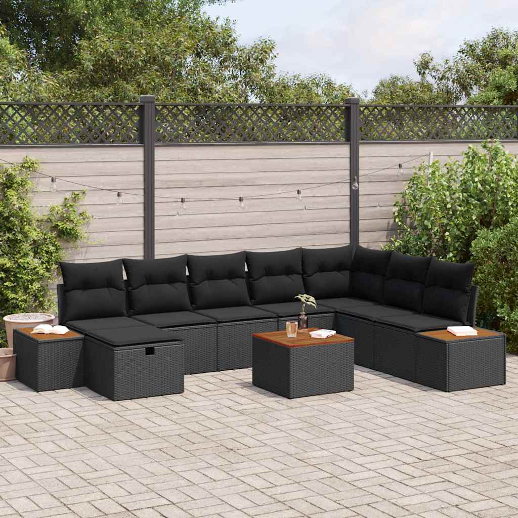 vidaXL Garden Sofa Set with Cushion 9 pcs Black Poly rattan