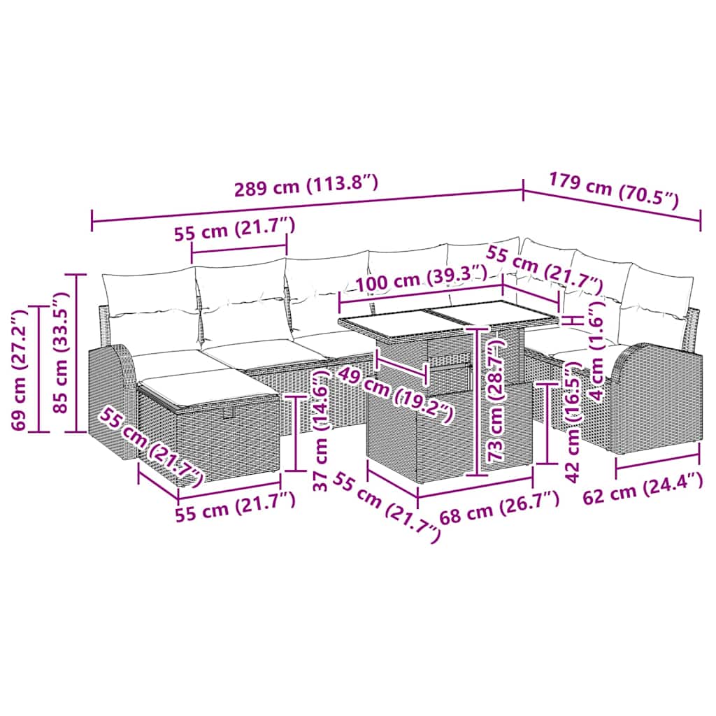 8721288399830_wbg-siz_en_hd_1 vidaXL Garden Sofa Set with Cushion 9 pcs Black Poly rattan - Image 12