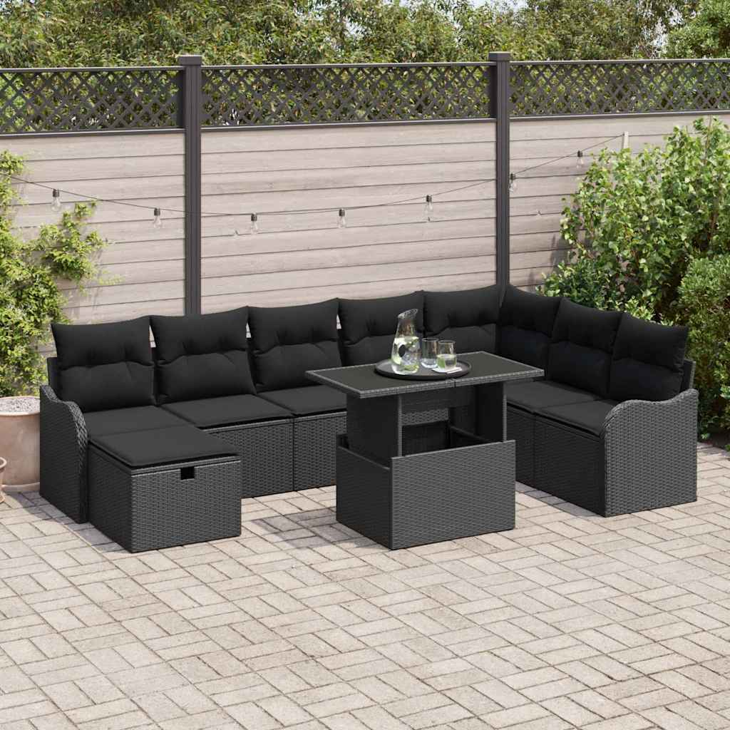 8721288411914_mo-im_en_hd_1 vidaXL Garden Sofa Set with Cushion 9 pcs Black Poly rattan - Image 1