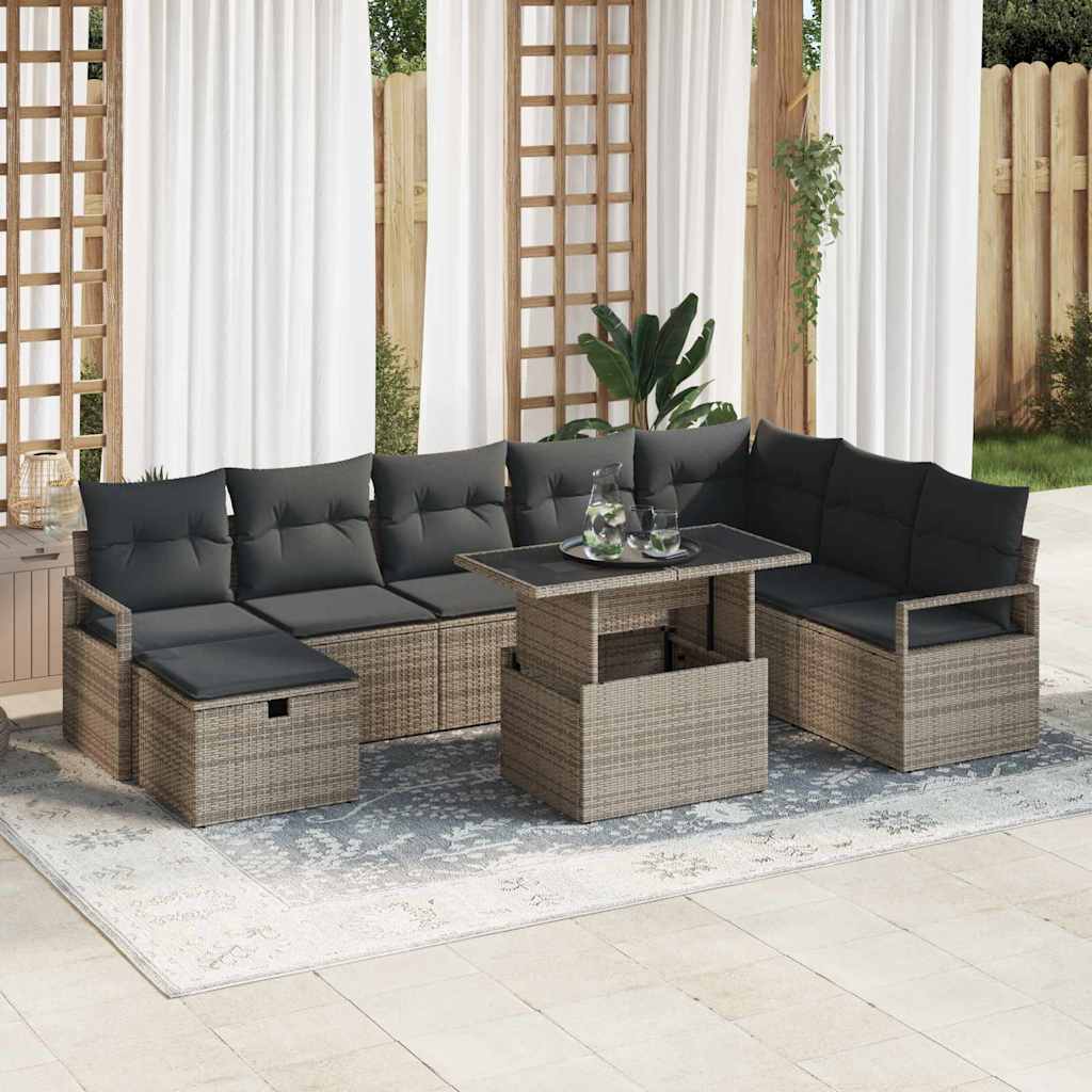 vidaXL Garden Sofa Set with Cushion 9 pcs Grey Poly rattan