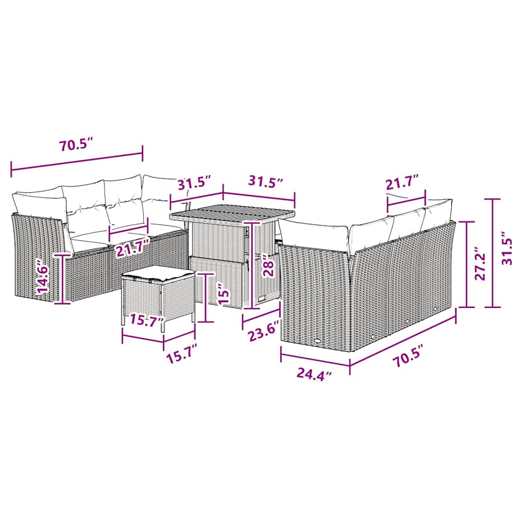 8721288415530_wbg-siz_en_hd_1 vidaXL Garden Sofa Set Height-Adjustable 9 pcs Black Poly Rattan - Image 9