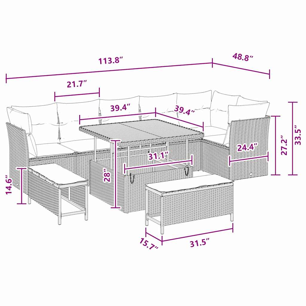 8721288416131_wbg-siz_en_hd_1 vidaXL Garden Sofa Set Height-Adjustable 9 pcs Black Poly Rattan - Image 9