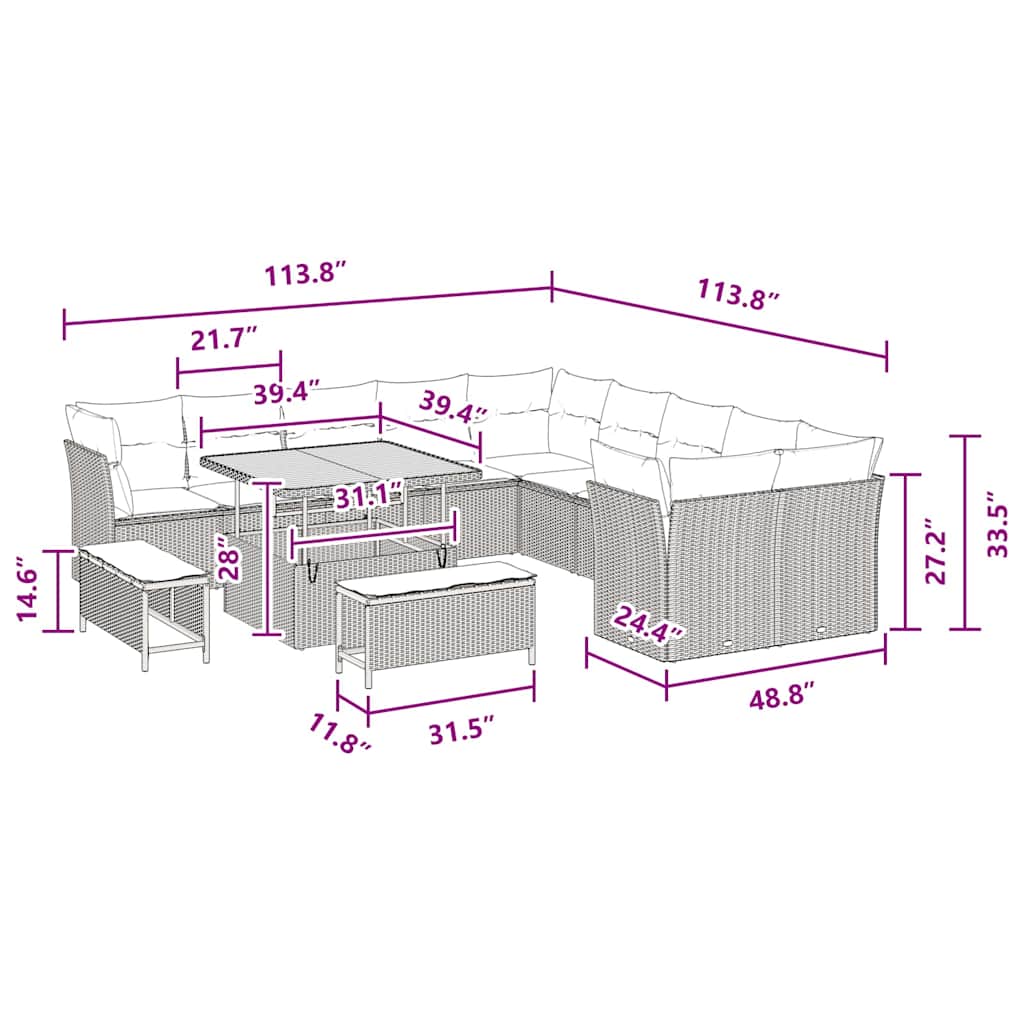 8721288416537_wbg-siz_en_hd_1 vidaXL Garden Sofa Set Height-Adjustable 13 pcs Black Poly Rattan - Image 9