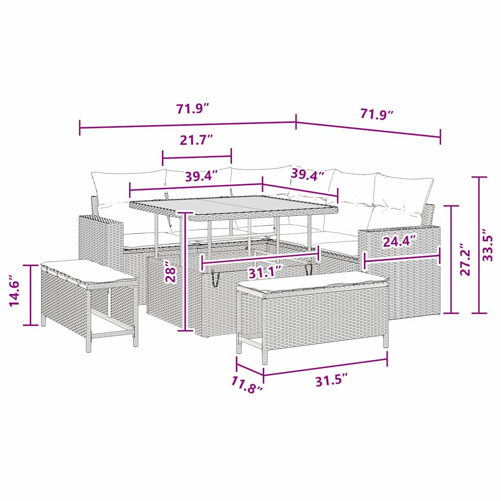 8721288417237_wbg-siz_en_hd_1 vidaXL Garden Sofa Set Height-Adjustable 8 pcs Black Poly Rattan - Image 10