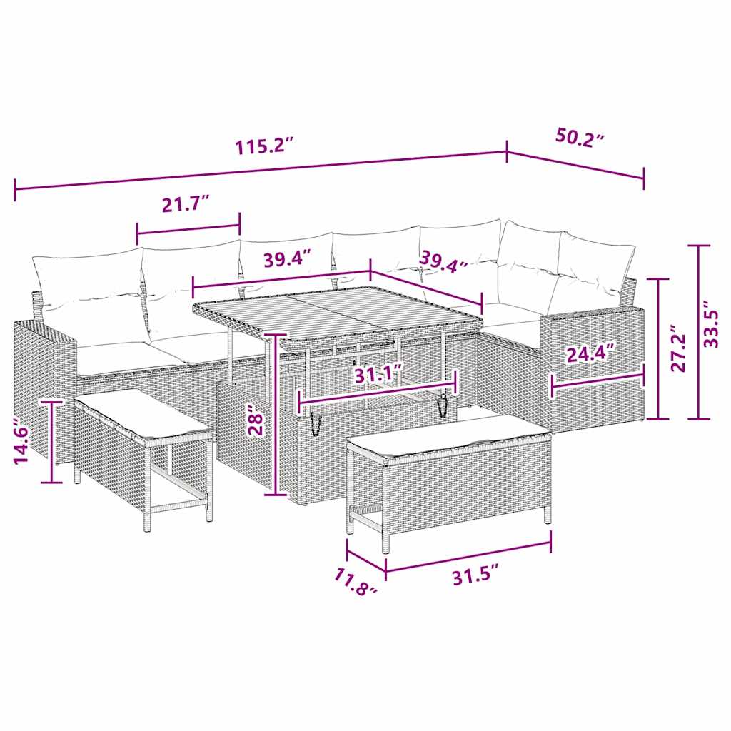 8721288417435_wbg-siz_en_hd_1 vidaXL Garden Sofa Set Height-Adjustable 9 pcs Black Poly Rattan - Image 10