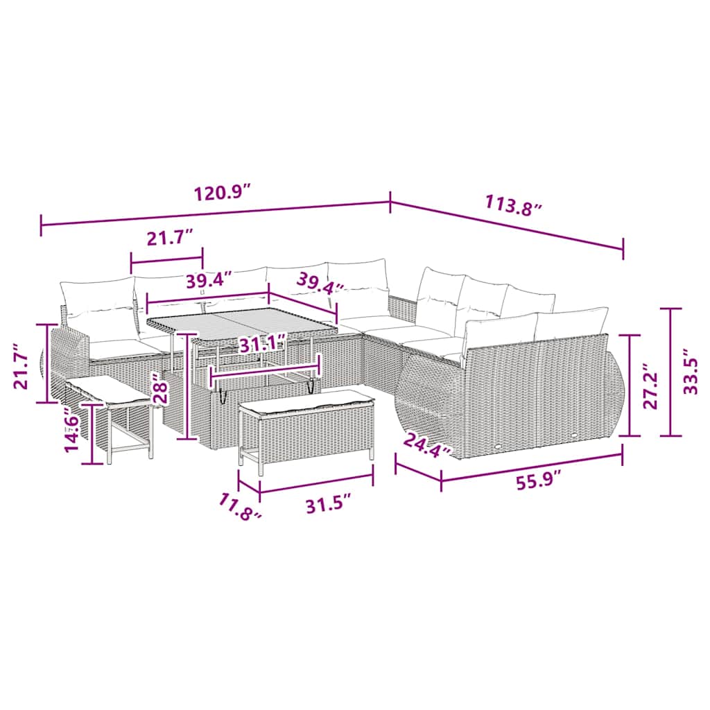8721288420435_wbg-siz_en_hd_4 vidaXL Garden Sofa Set Height-Adjustable 13 pcs Black Poly Rattan - Image 12