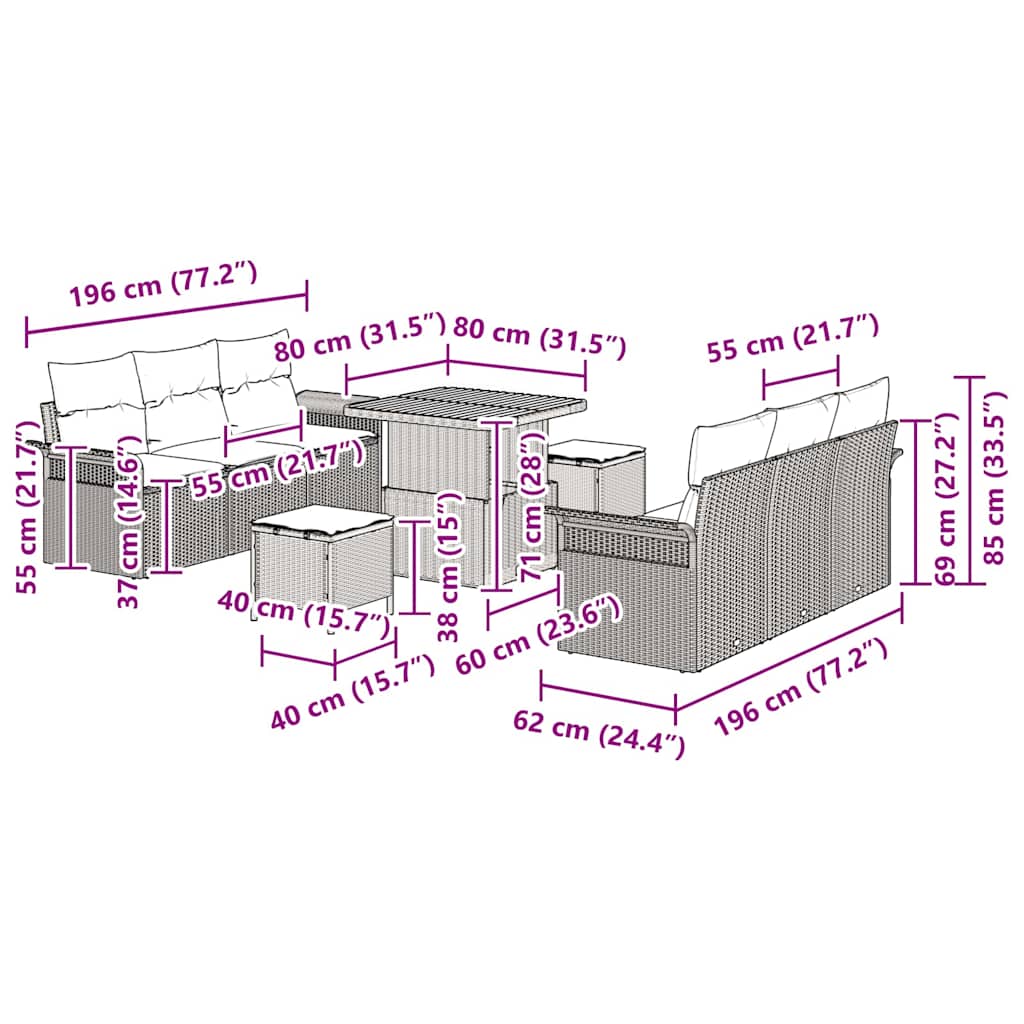 8721288422033_wbg-siz_en_hd_4 vidaXL Garden Sofa Set Height-Adjustable 9 pcs Black Poly Rattan - Image 12
