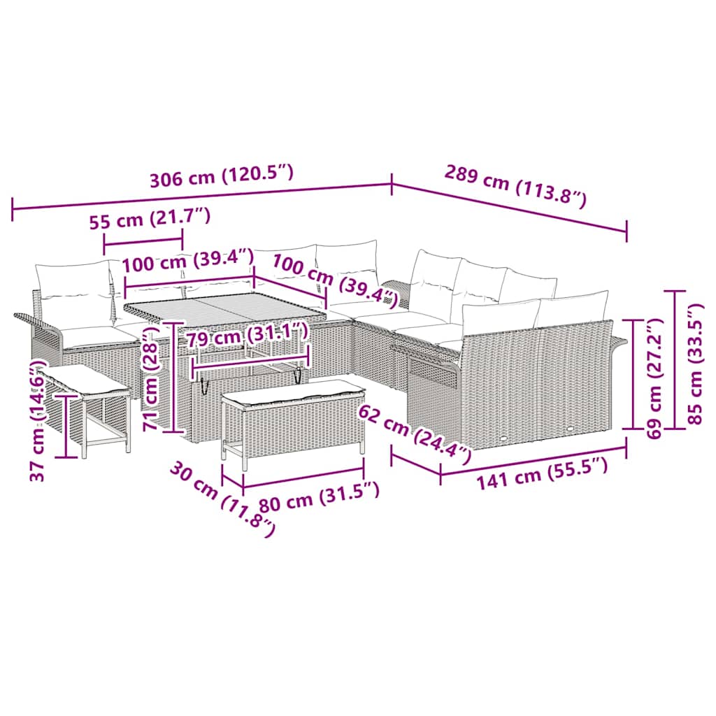 8721288423030_wbg-siz_en_hd_4 vidaXL Garden Sofa Set Height-Adjustable 13 pcs Black Poly Rattan - Image 12