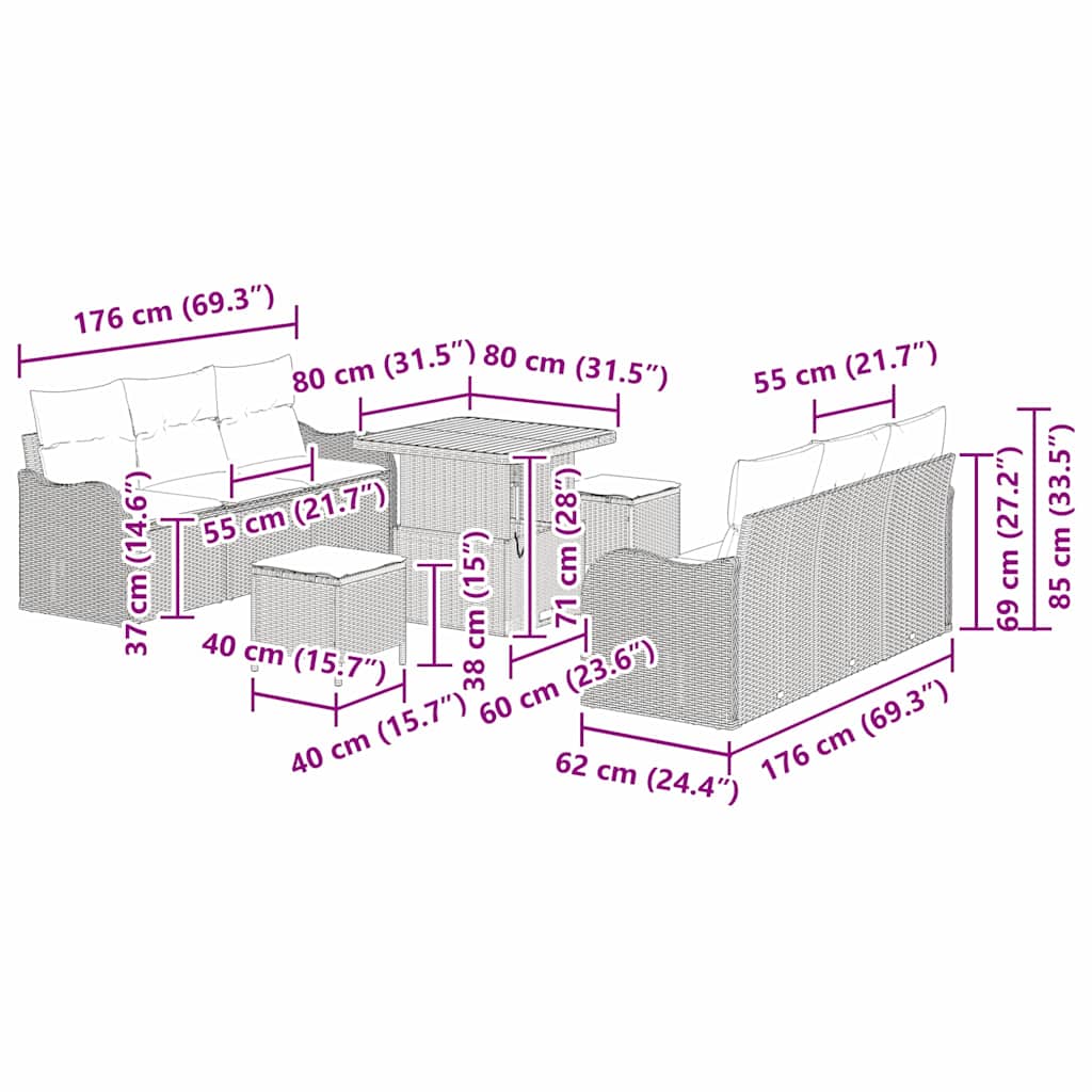 8721288423337_wbg-siz_en_hd_4 vidaXL Garden Sofa Set Height-Adjustable 9 pcs Black Poly Rattan - Image 12