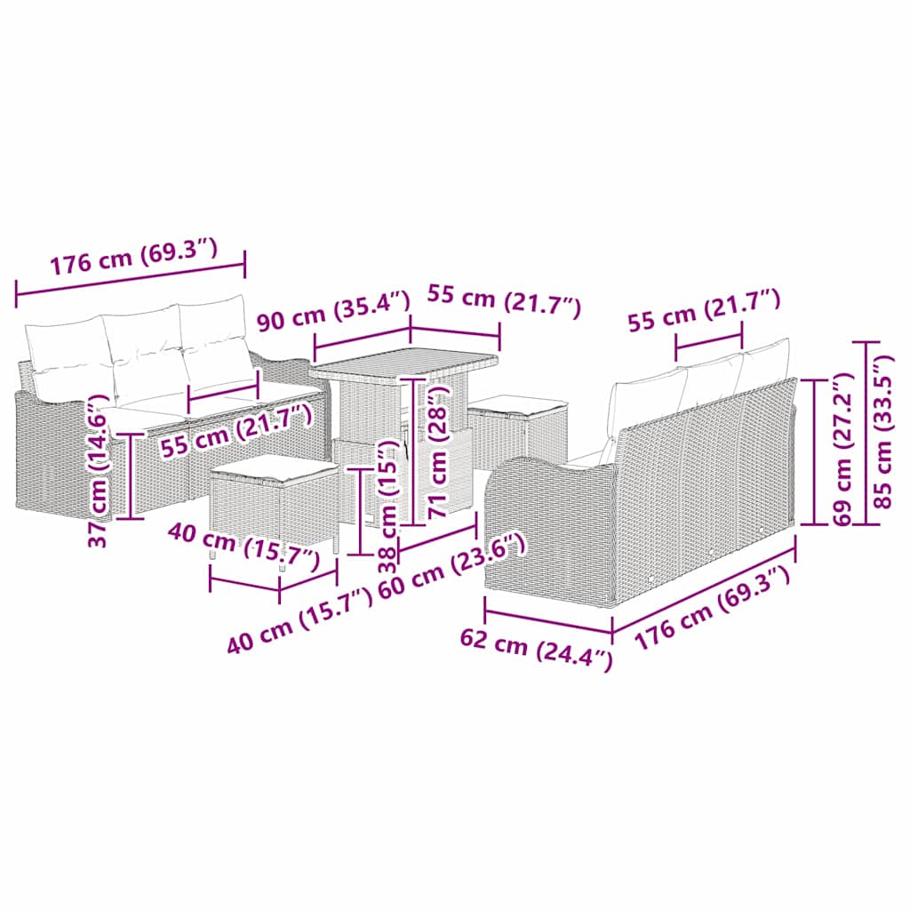 8721288423382_wbg-siz_en_hd_4 vidaXL Garden Sofa Set Height-Adjustable 9 pcs Black Poly Rattan - Image 12