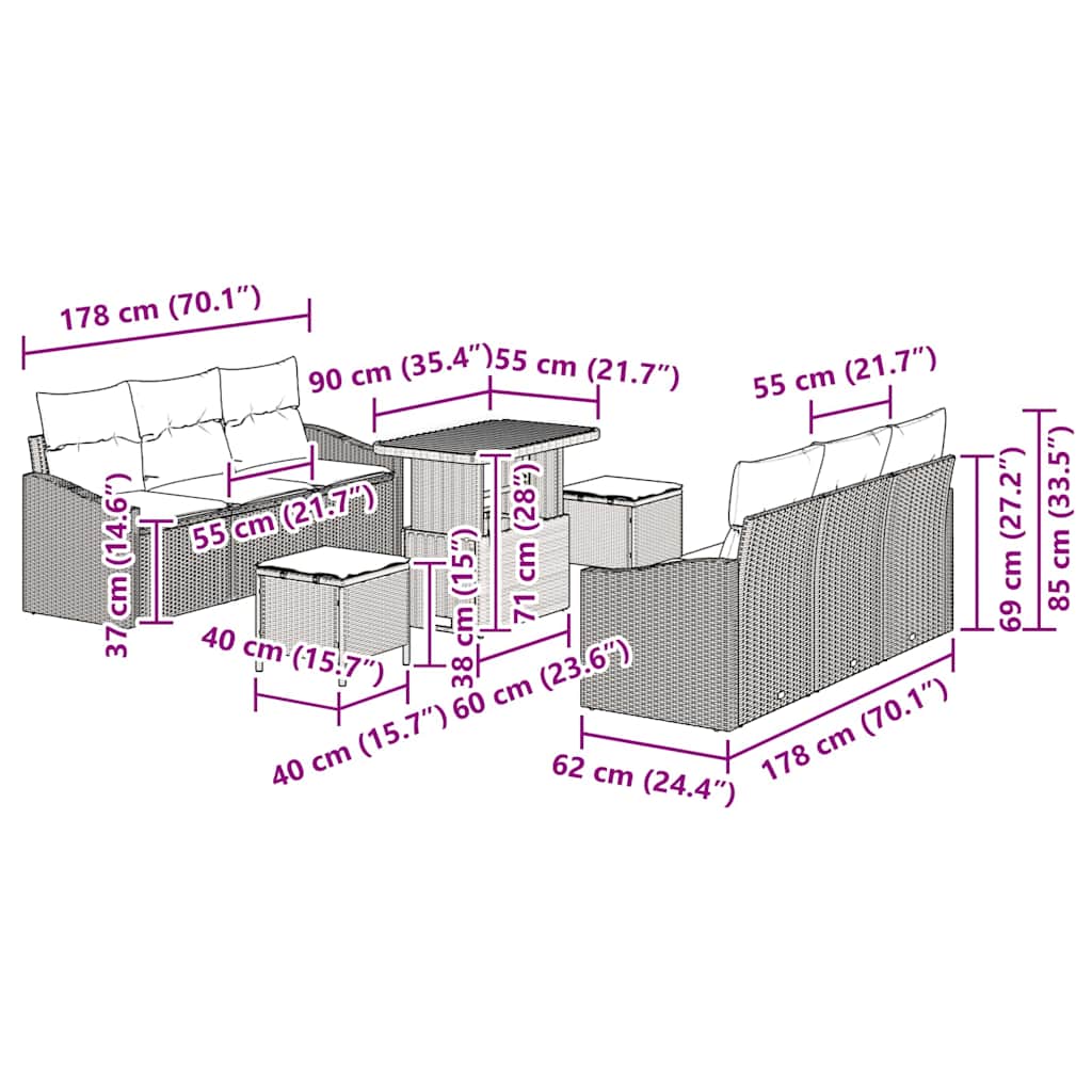 8721288427281_wbg-siz_en_hd_4 vidaXL Garden Sofa Set with Cushion 9 pcs Black Poly rattan - Image 12