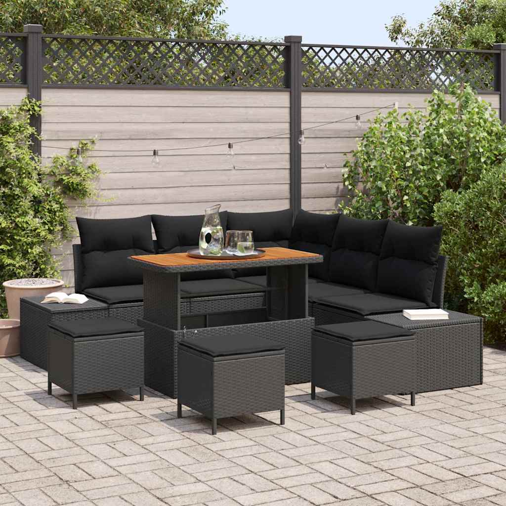vidaXL Garden Sofa Set with Cushion 9 pcs Black Poly rattan