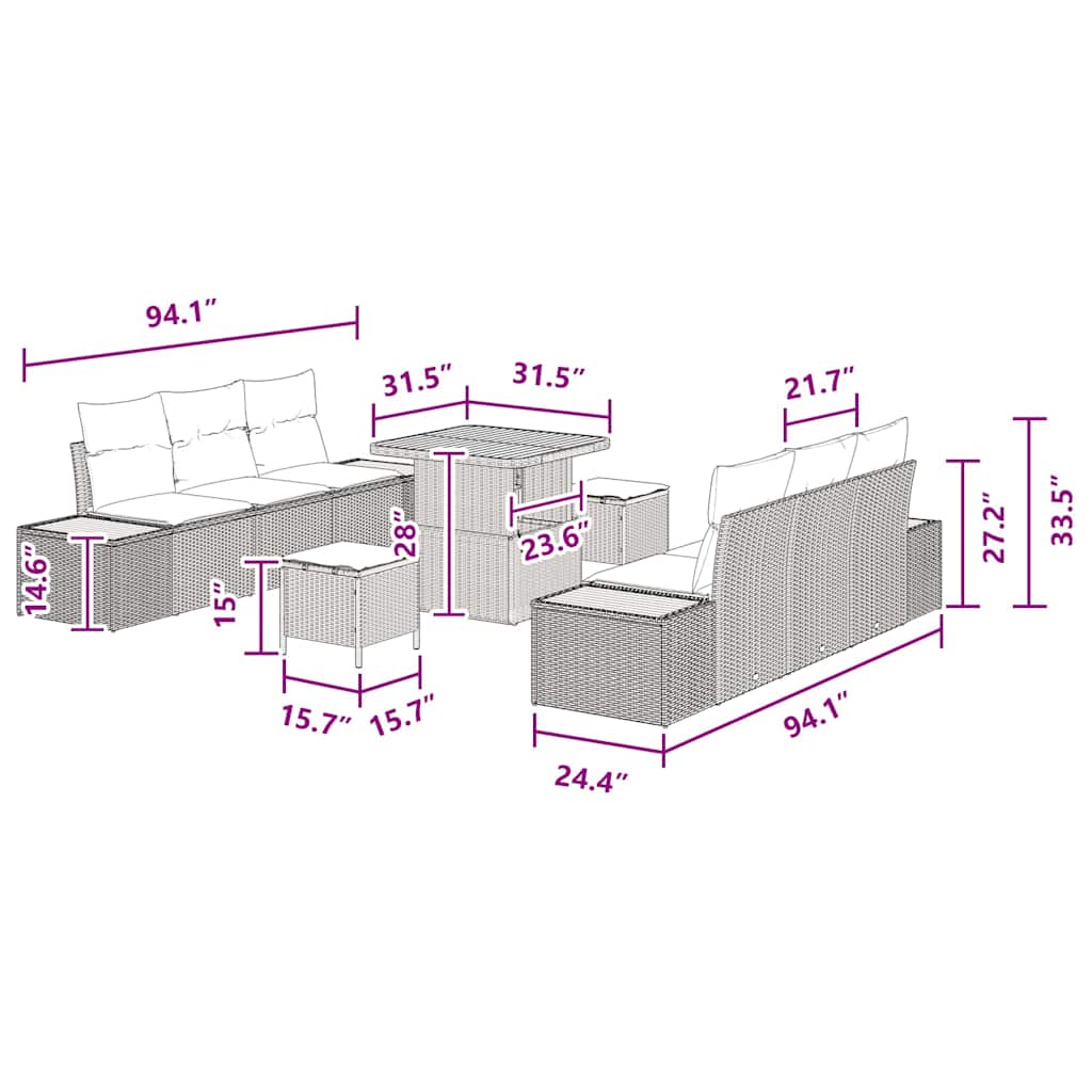 8721288429834_wbg-siz_en_hd_4 vidaXL Garden Sofa Set with Cushion 9 pcs Black Poly rattan - Image 12