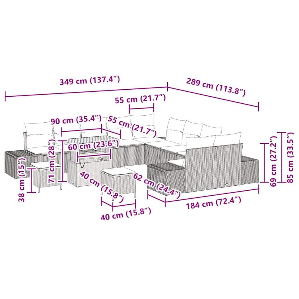 8721288449139_wbg-siz_en_hd_1 vidaXL Garden Sofa Set with Cushion 13 pcs Black 90 x 55 x 71 cm - Image 12