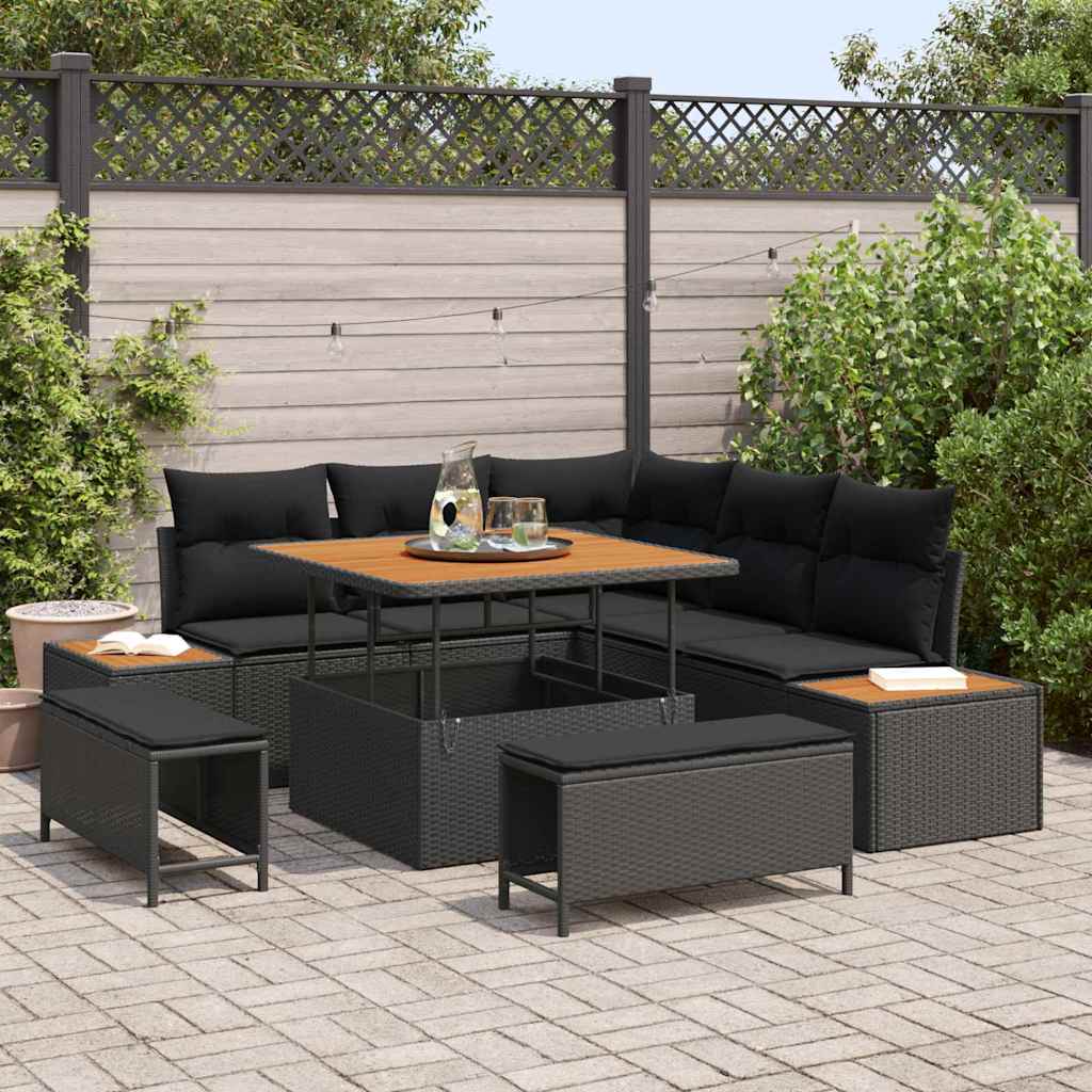 vidaXL Garden Sofa Set with Cushion 8 pcs Black Poly rattan