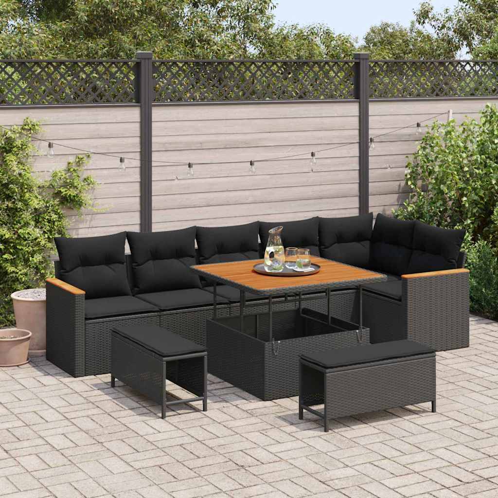 vidaXL Garden Sofa Set with Cushion 9 pcs Black Poly rattan