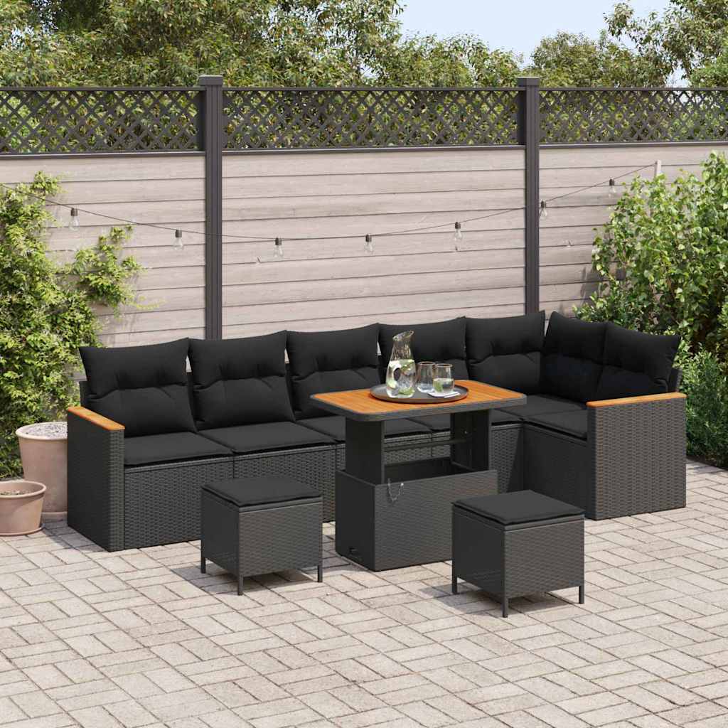 vidaXL Garden Sofa Set with Cushion 9 pcs Black Poly rattan