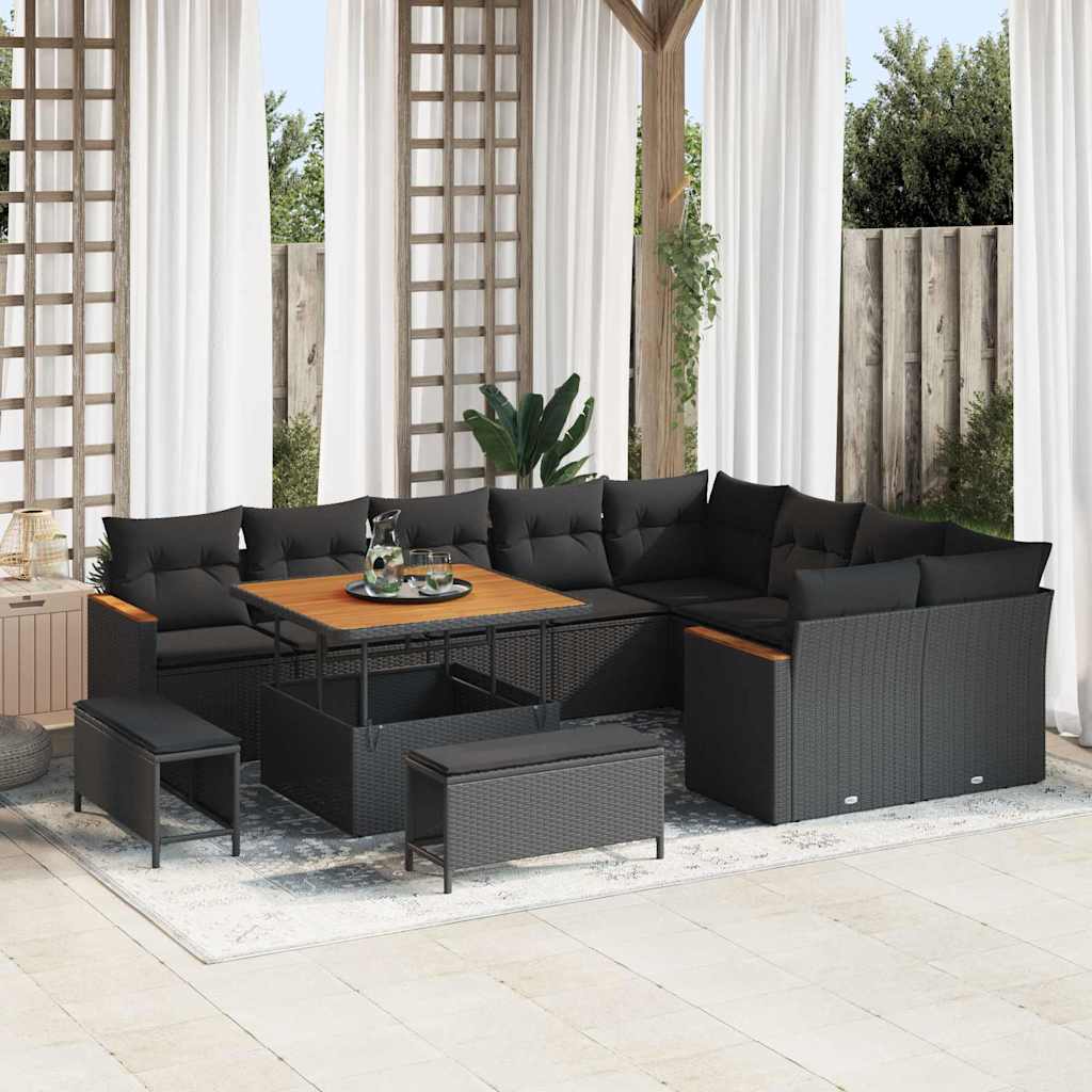 vidaXL Garden Sofa Set with Cushion 12 pcs Black Poly rattan