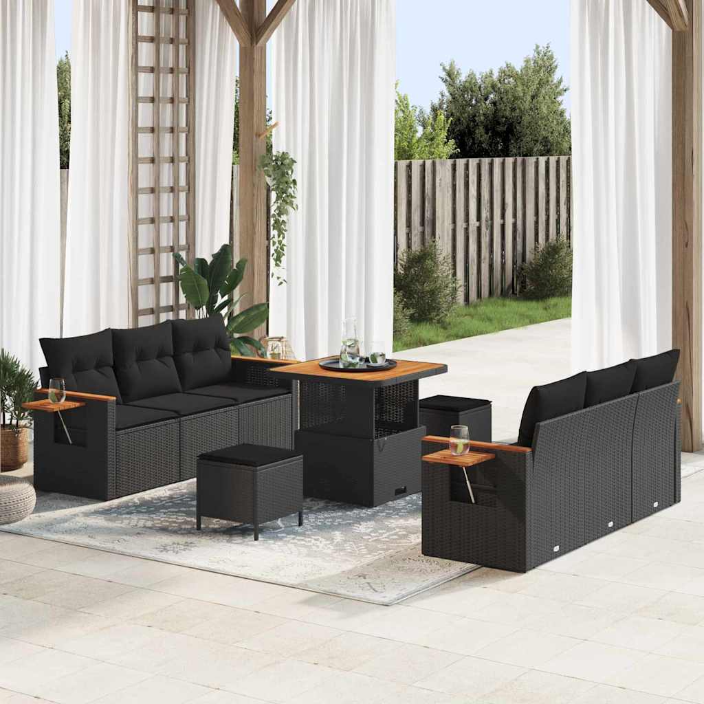 vidaXL Garden Sofa Set with Cushion 9 pcs Black Poly rattan