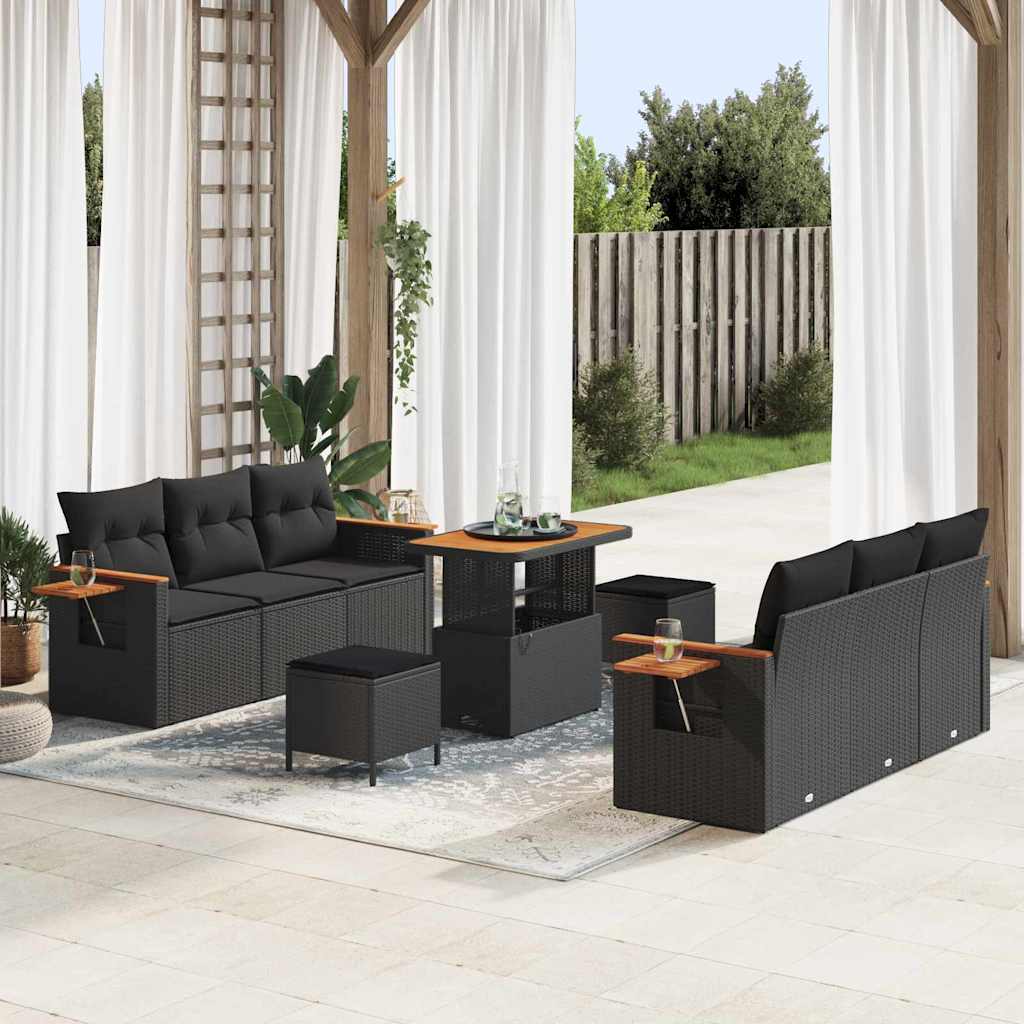 vidaXL Garden Sofa Set with Cushion 9 pcs Black Poly rattan